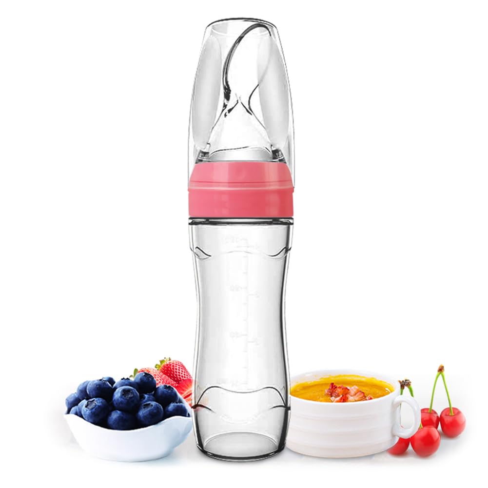 Matyz silicone baby food dispensing spoon with stand-up bottle for mess-free feeding.