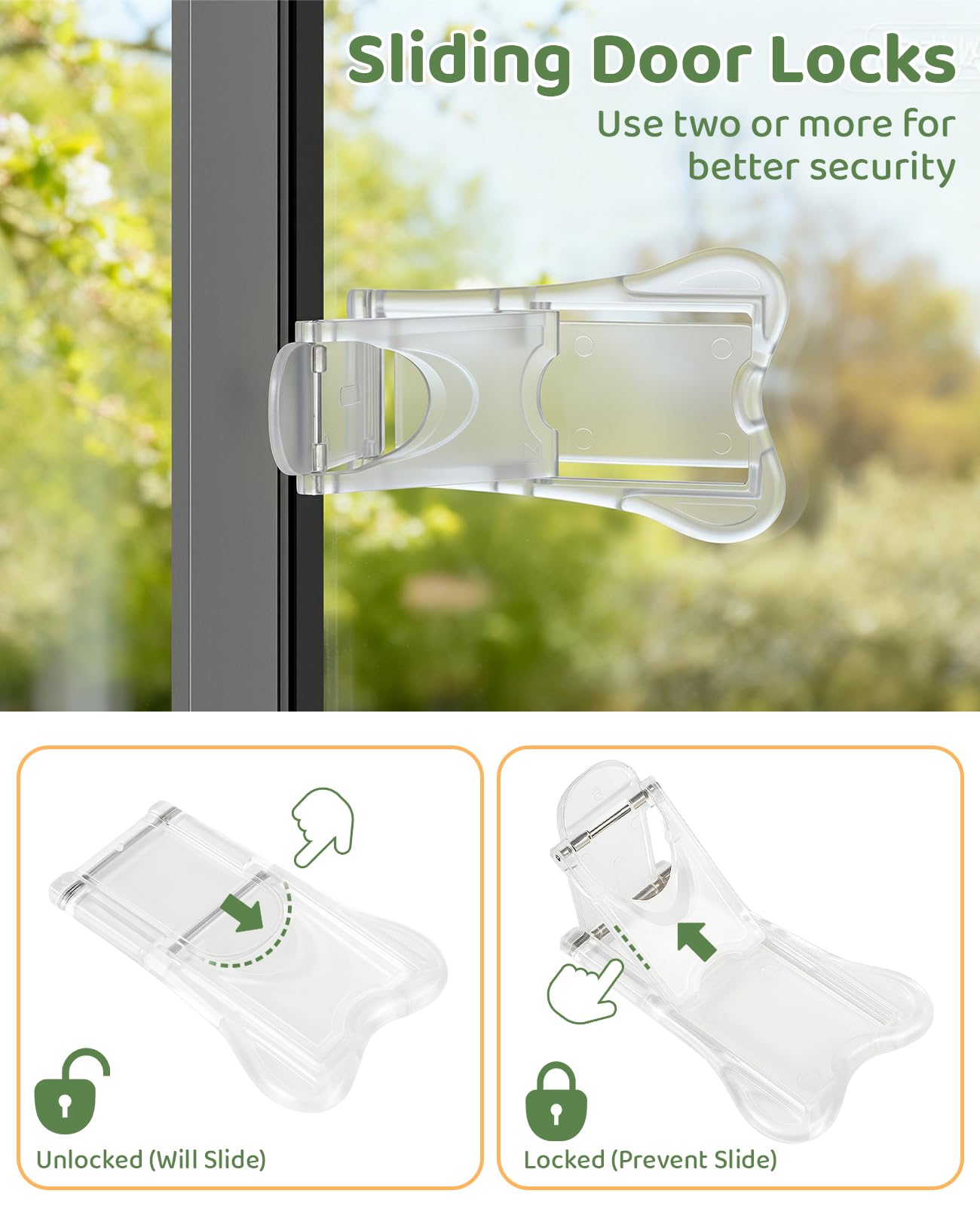 Maveek sliding doors, windows, and cabinets secured with clear locks.