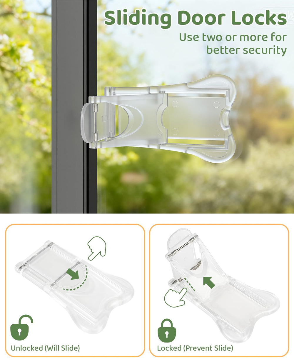Maveek sliding doors, windows, and cabinets secured with clear locks.