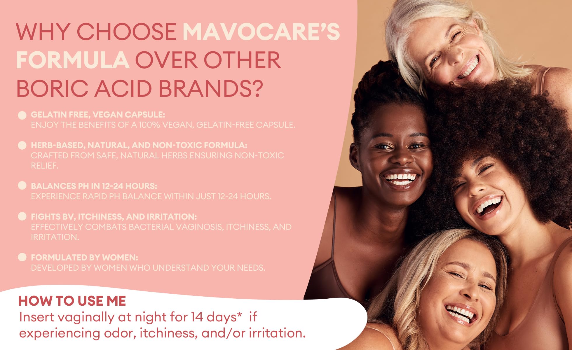 MavoCare boric acid suppositories with vitamin E for vaginal hydration and comfort
