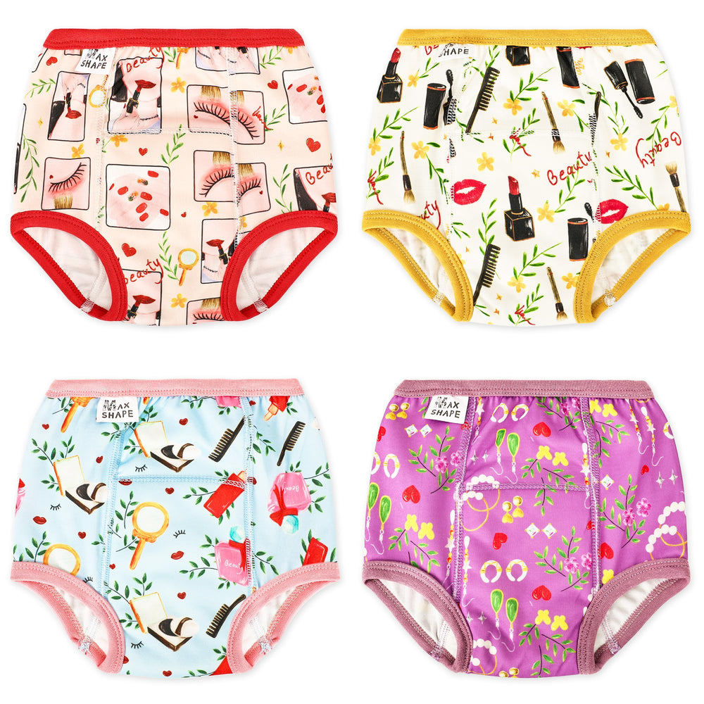 Max Shape girls' potty underwear with absorbent layer and cute pattern for leak protection.