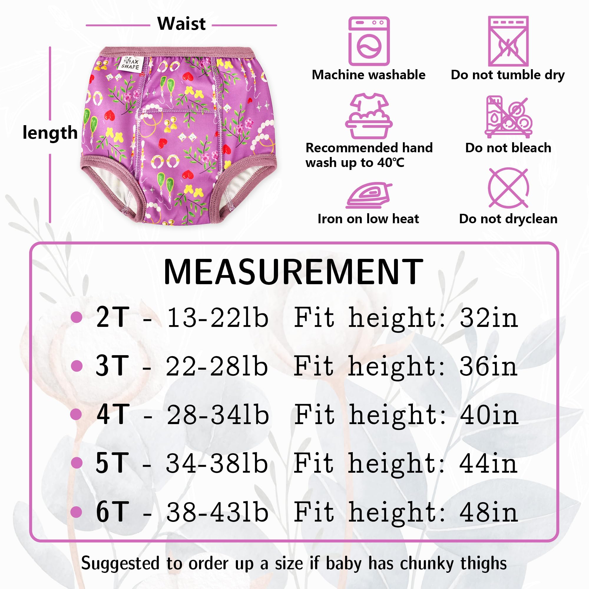 Max Shape girls' training pants with stylish prints and leak resistance.