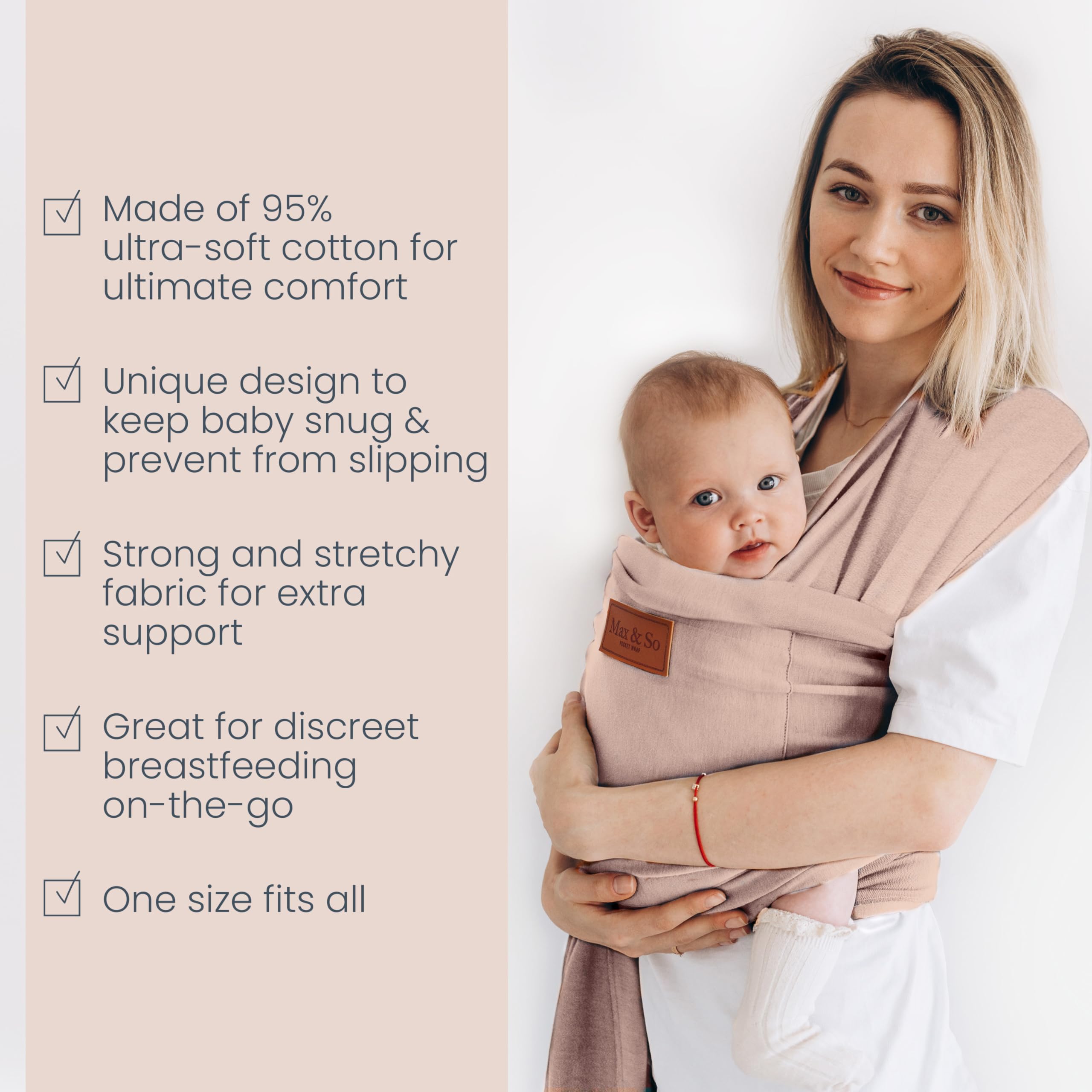 Max&So wrap supports babies 8–35 lbs with adjustable comfort.