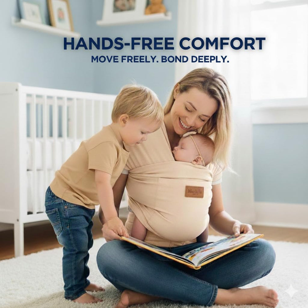 Max&So wrap front pocket image highlights space for essentials during outings.