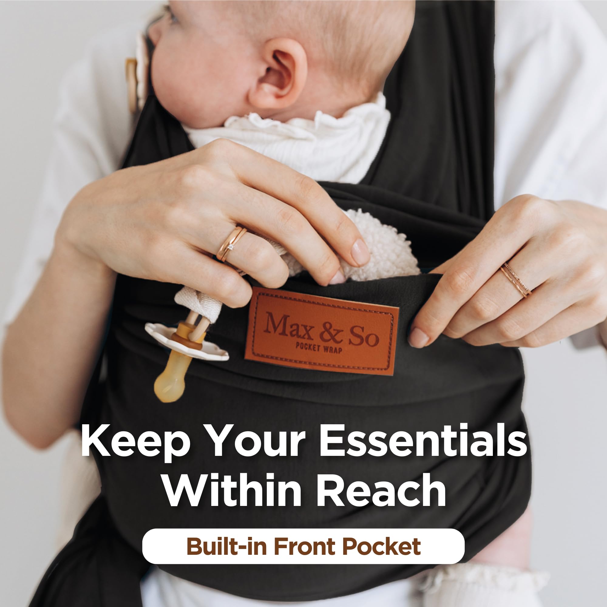 Max&amp;So Baby Wrap worn by parent demonstrates hands-free comfort