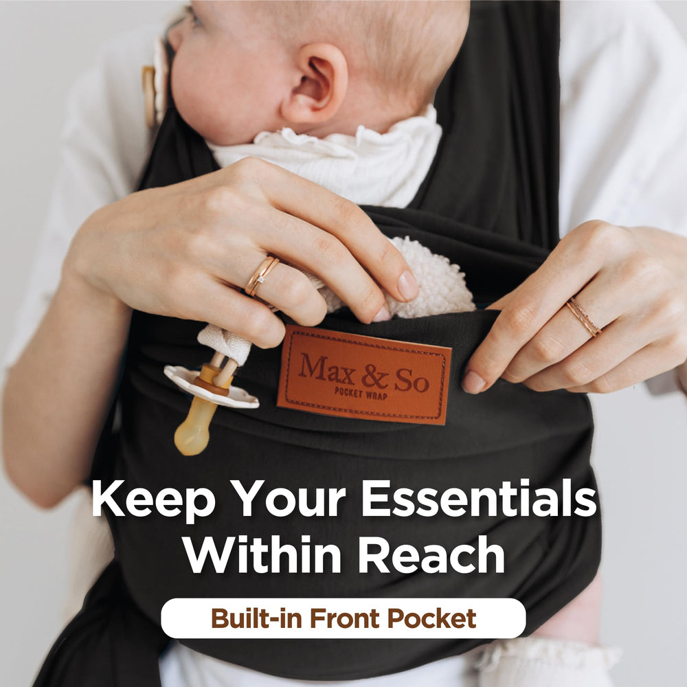 Max&amp;So Baby Wrap worn by parent demonstrates hands-free comfort