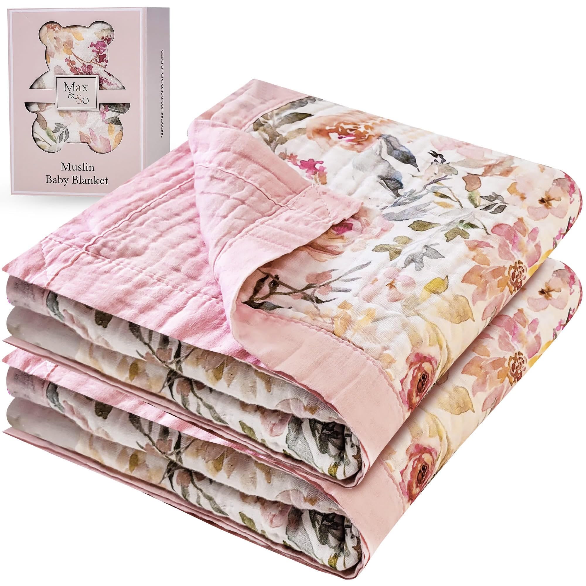 Max&So muslin blanket pink floral reversible design provides gentle warmth