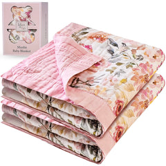 Max&So muslin blanket pink floral reversible design provides gentle warmth