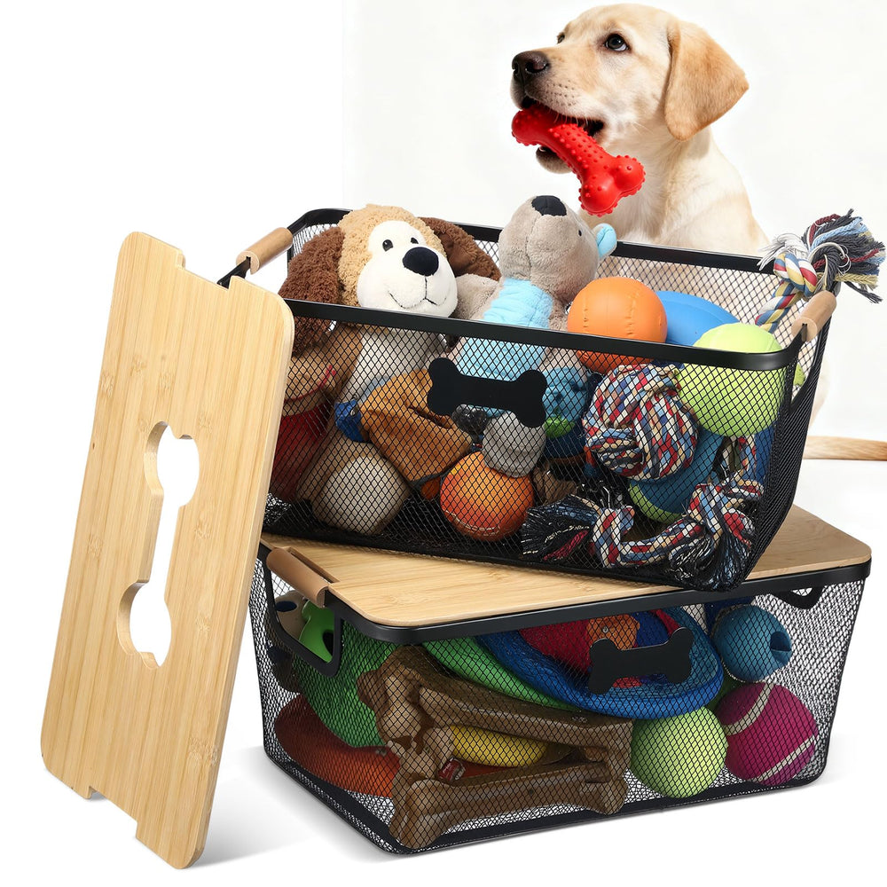 Maxdot dog toy basket with bamboo lid keeps toys neatly organized.