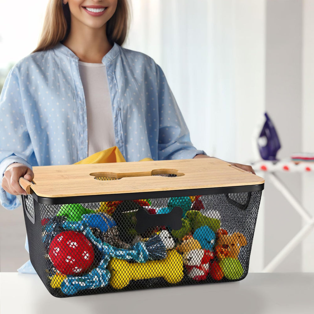 Maxdot metal pet storage box with wooden handle is easy to carry.