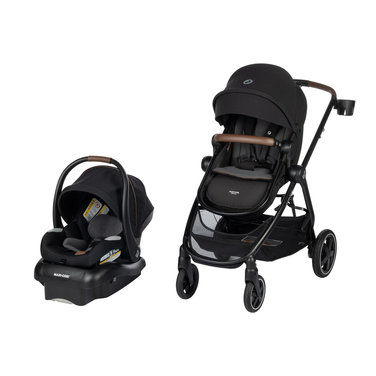 Maxi-Cosi Zelia Luxe infant car seat with premium vegan leather handle for smooth car-to-stroller transitions.