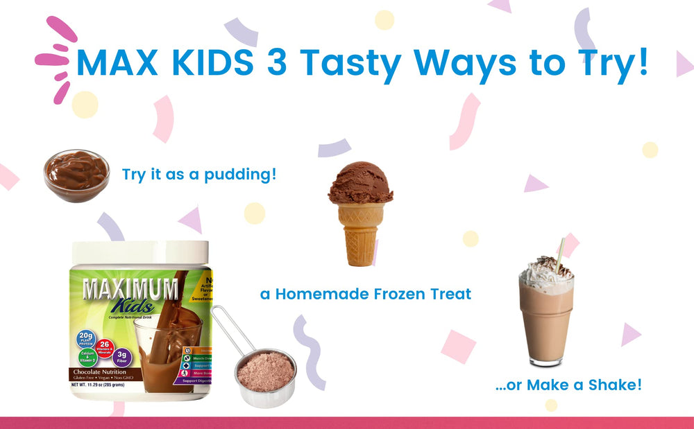 Maximum Kids measuring spoon with powder, ready for a balanced, kid-friendly meal.