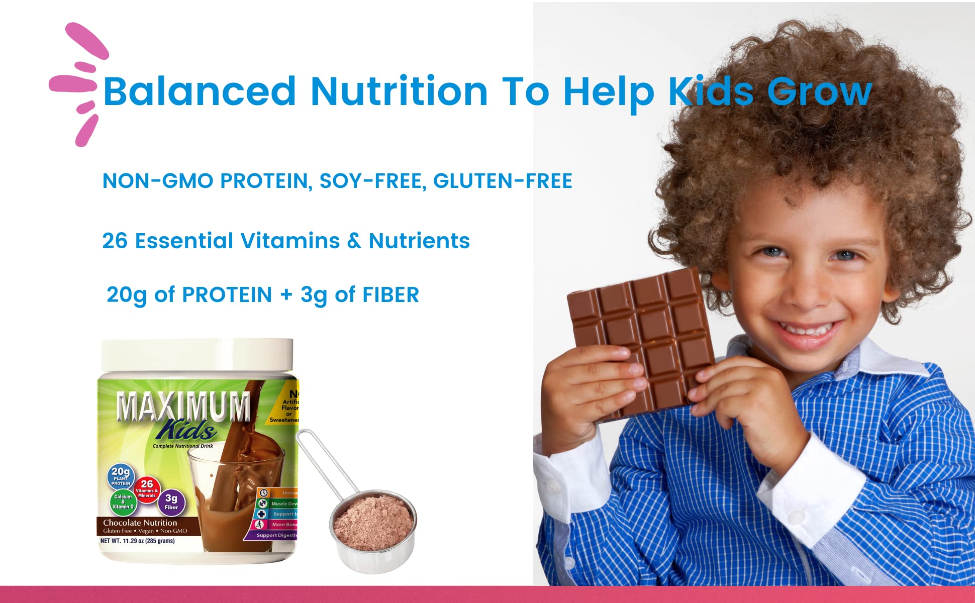 Maximum Kids packaging highlights non-GMO and allergen-free features.