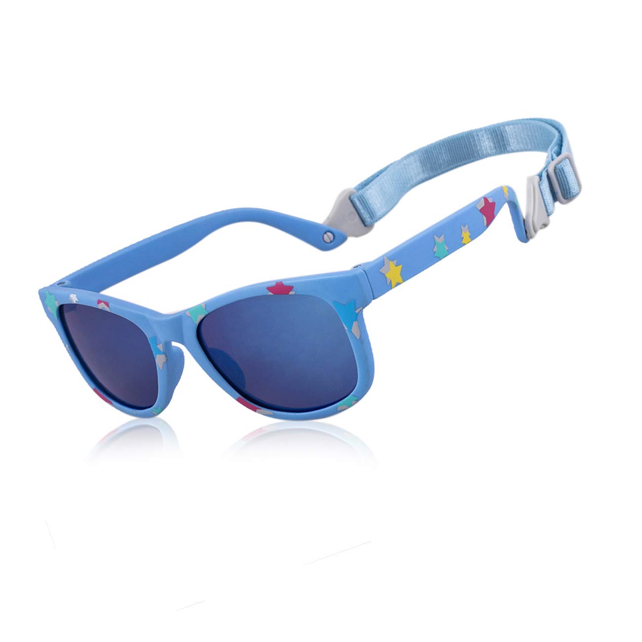 MAXJULI baby sunglasses with strap offer secure fit for active little ones.