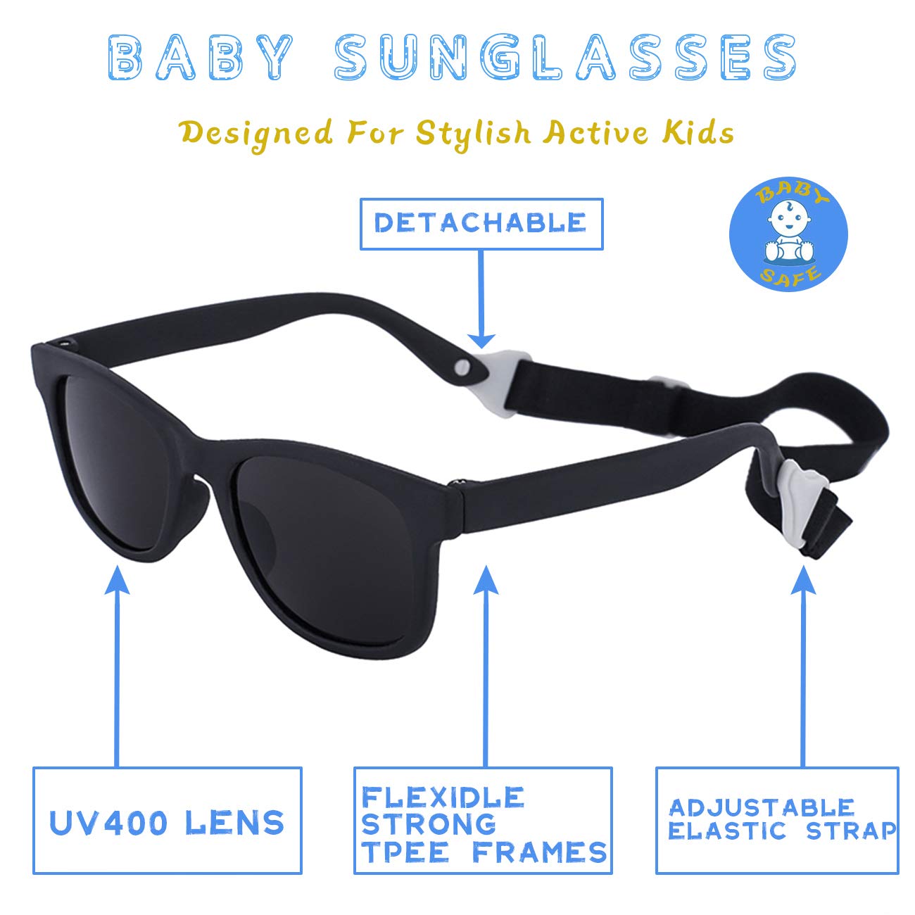 MAXJULI baby sunglasses dimensions frame width 110mm for better head-shape coverage