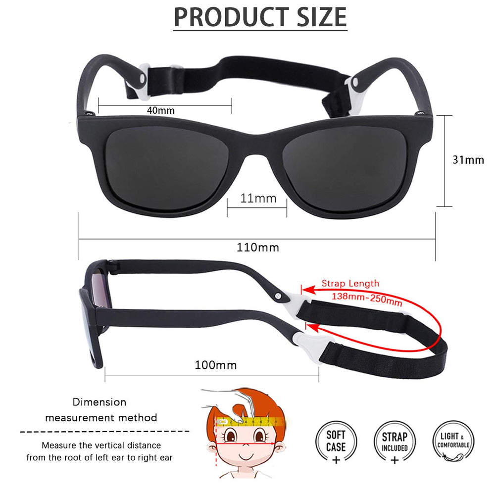 MAXJULI packaging of baby sunglasses with accessories included.