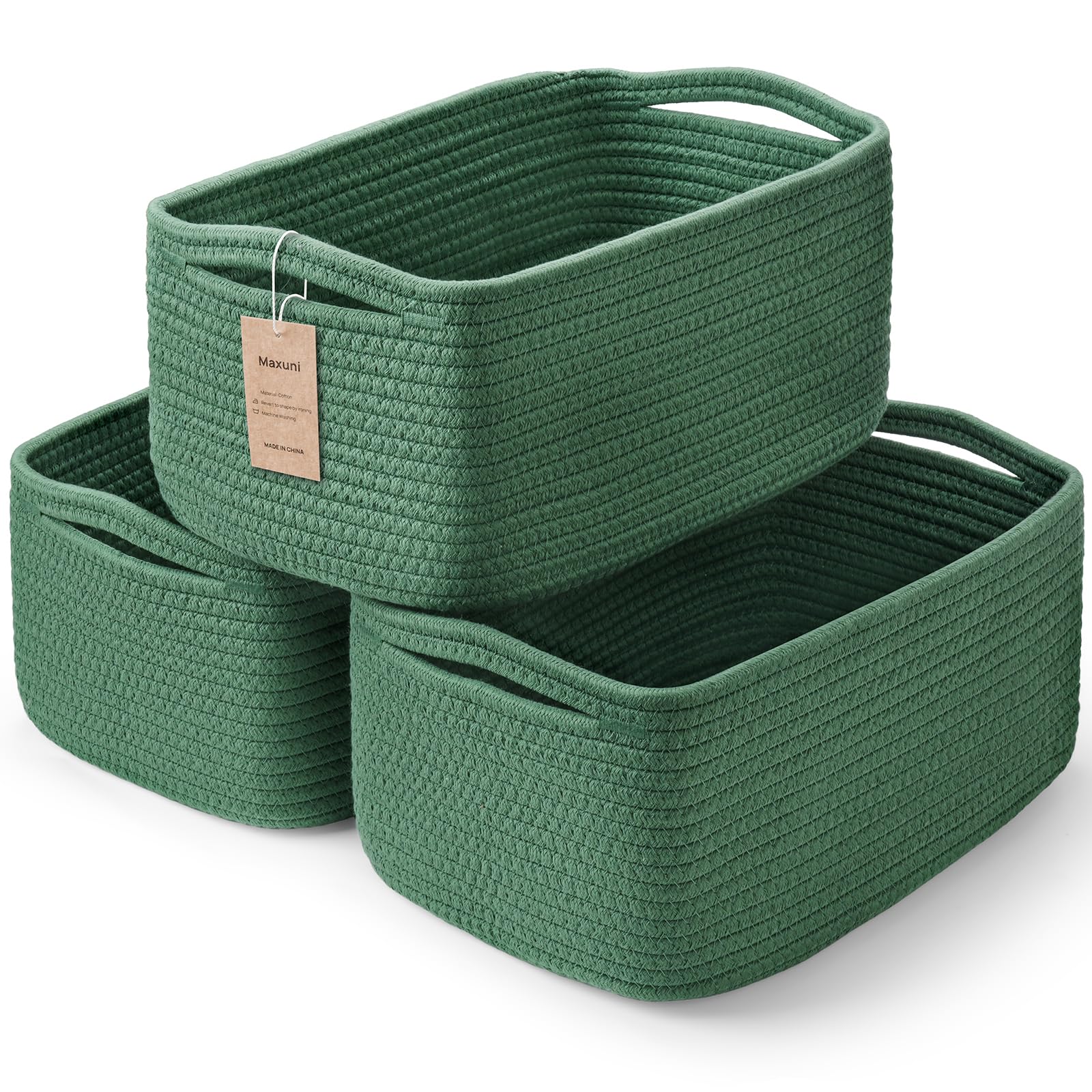 Maxuni 3-pack rope storage baskets organize shelves with a soft, durable finish.