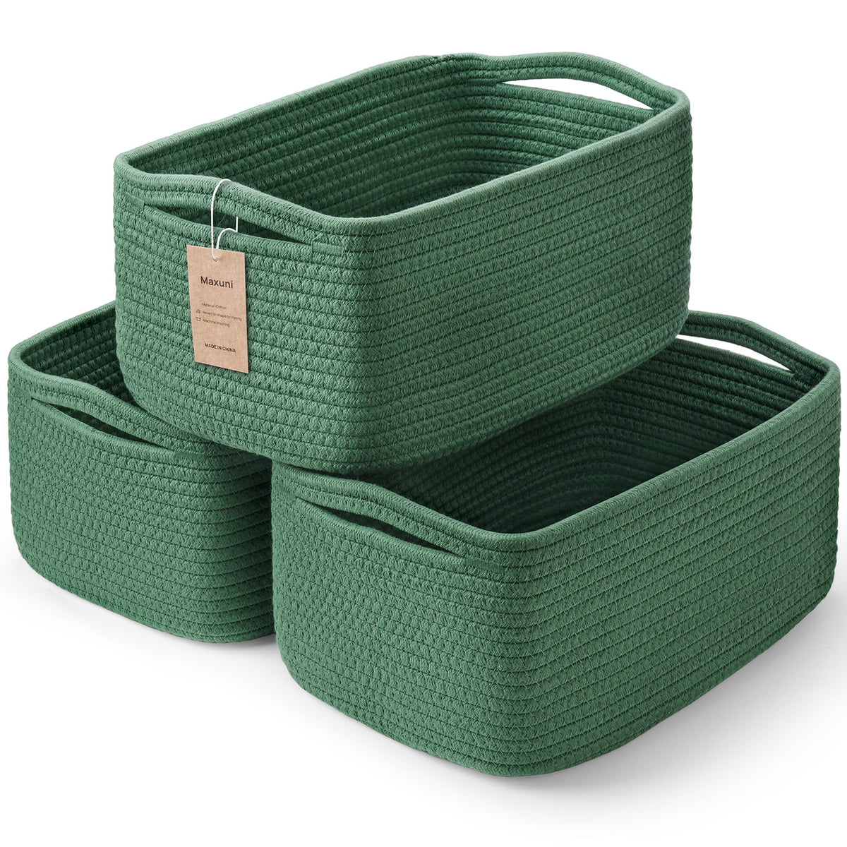 Maxuni 3-pack rope storage baskets organize shelves with a soft, durable finish.