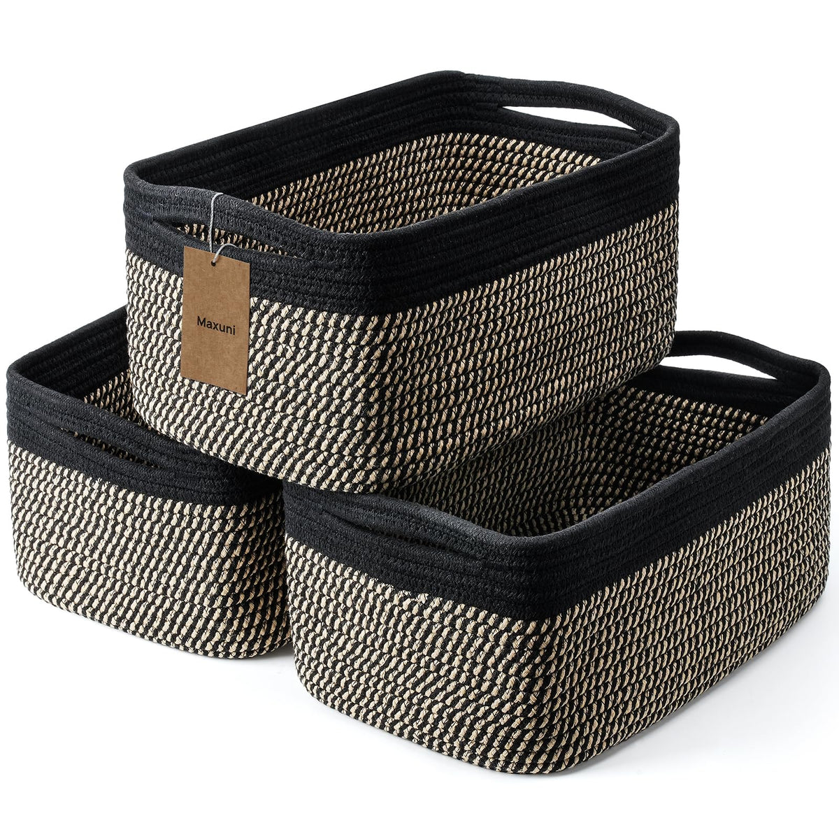 Maxuni 3-pack rope baskets with handles for organized living room storage.