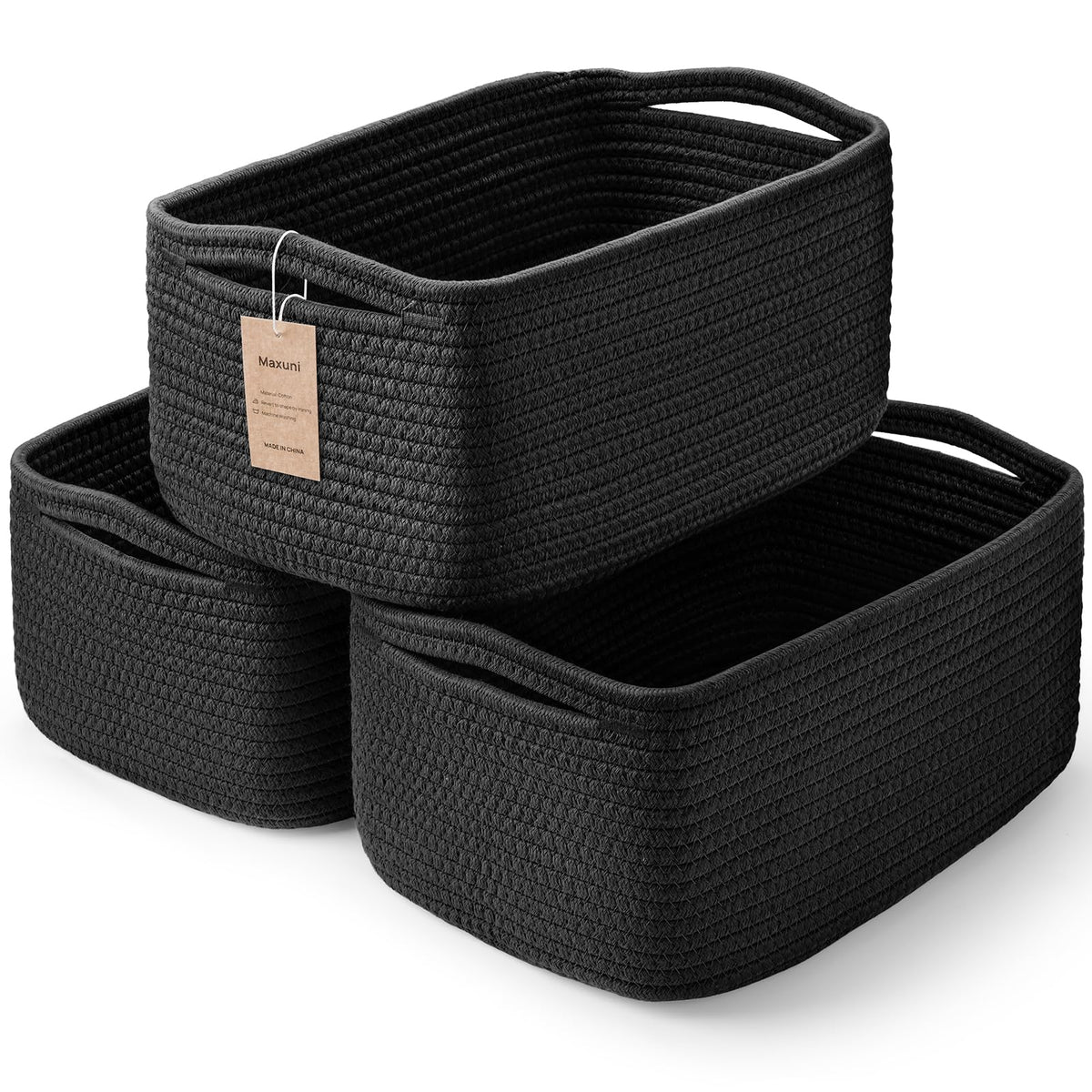 Maxuni 3-pack storage baskets organize shelves with a woven rope design.