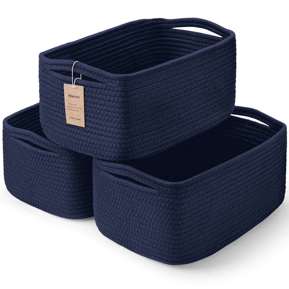 Maxuni 3-Pcs Shelf Baskets navy blue closeup showing durable rope texture.