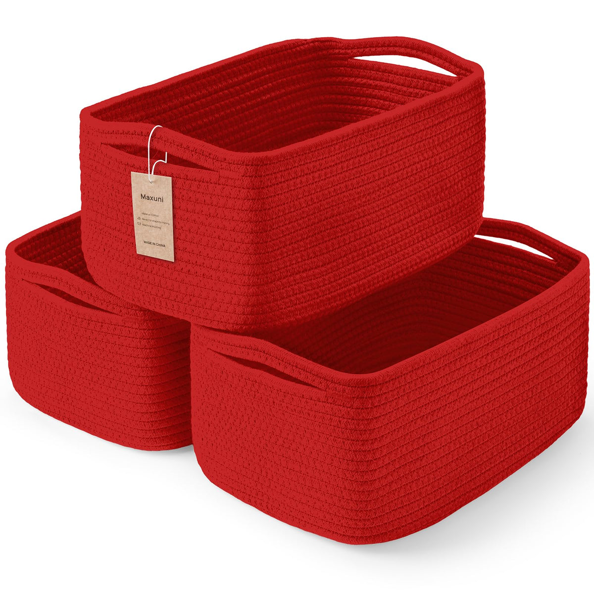 Maxuni 3-pack small storage baskets in red, ideal for tidy toys and books.