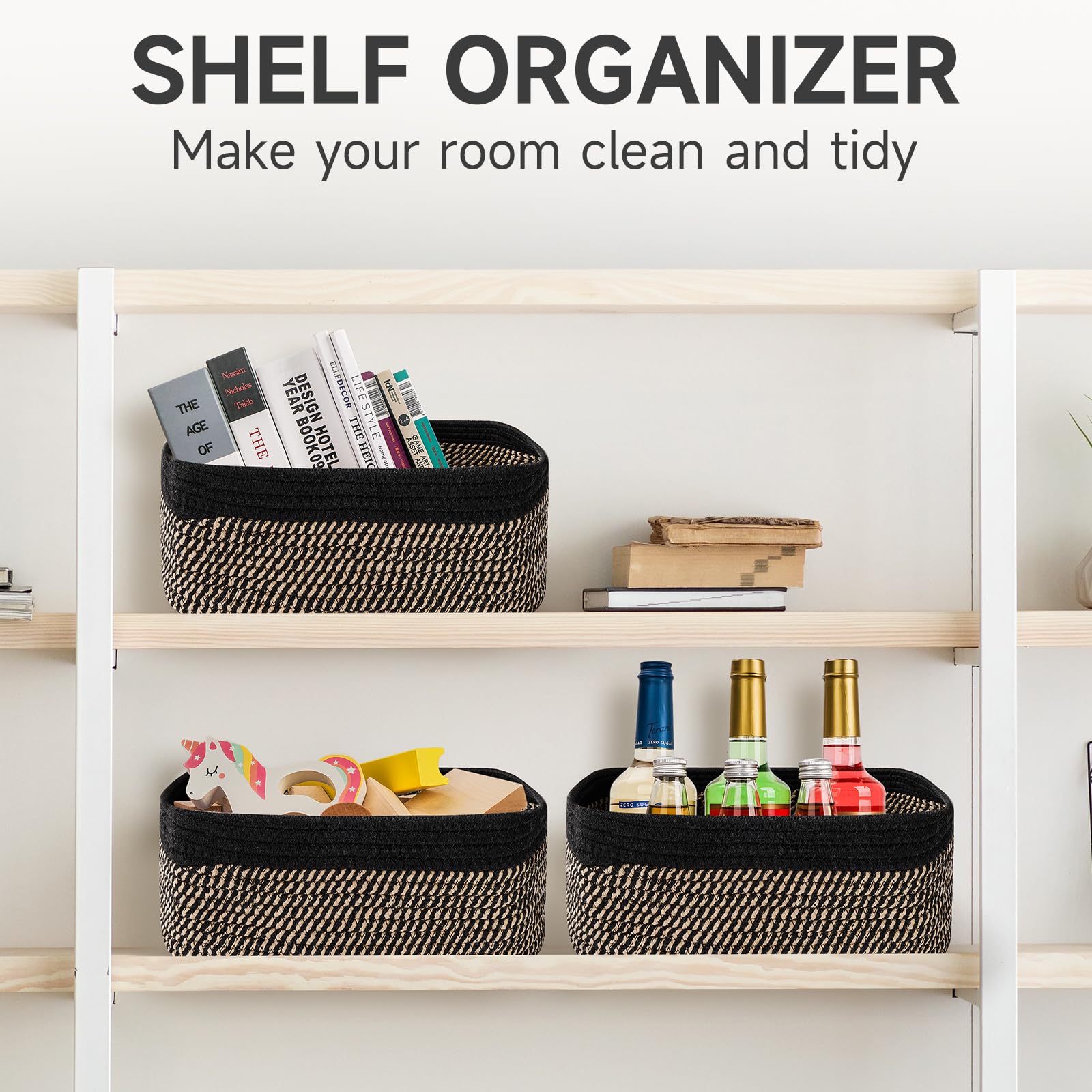 Maxuni classic color basket on a shelf adds warmth.