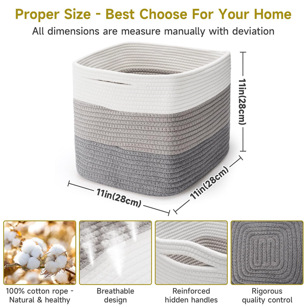 Maxuni 11-inch square basket in natural cotton rope, sturdy and pet-safe for bathroom or living room.