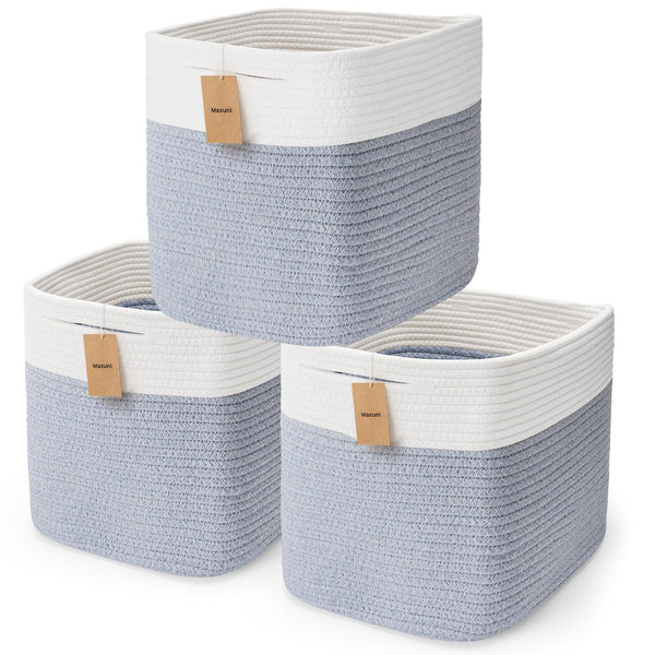 Maxuni cotton rope storage cubes in a tidy shelf for neat organization