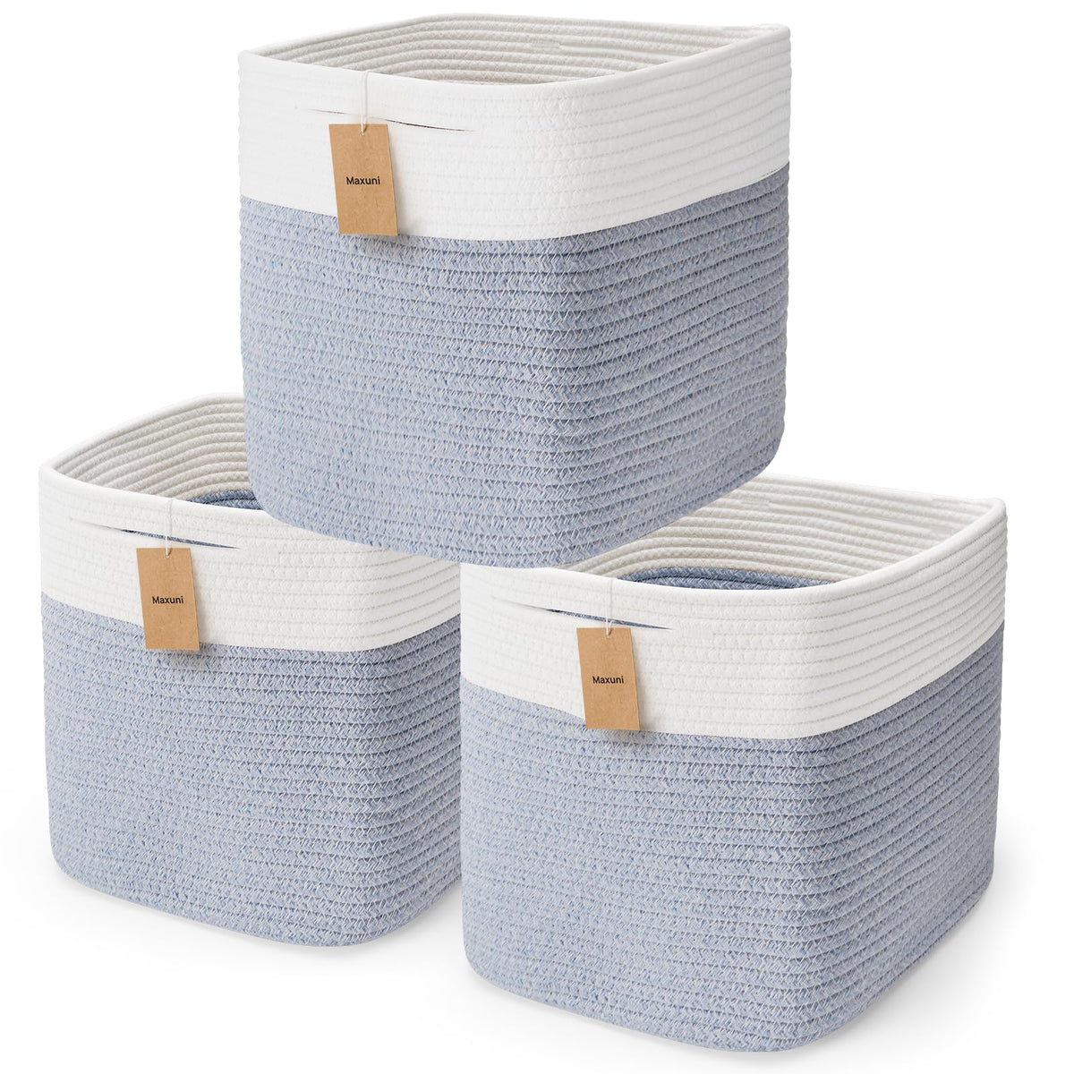 Maxuni cotton rope storage cubes in a tidy shelf for neat organization