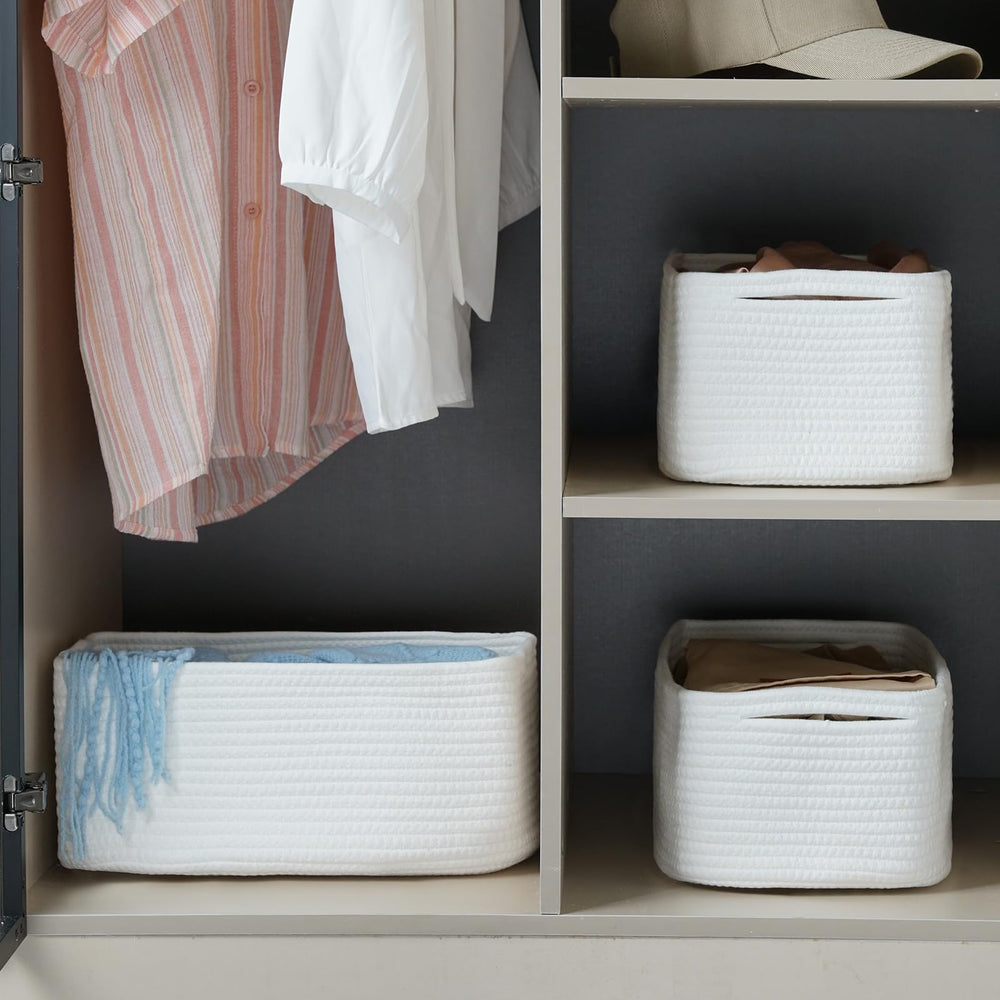 Maxuni cube-rope-storage-basket fits shelves and closets for clutter relief.