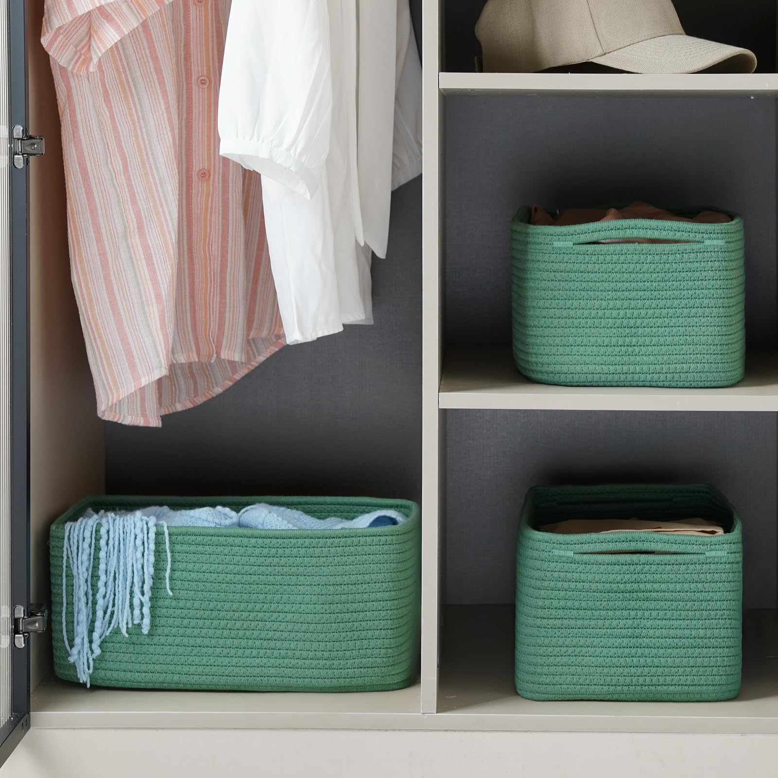 Maxuni dark green bins add a classic color to closets and shelves.