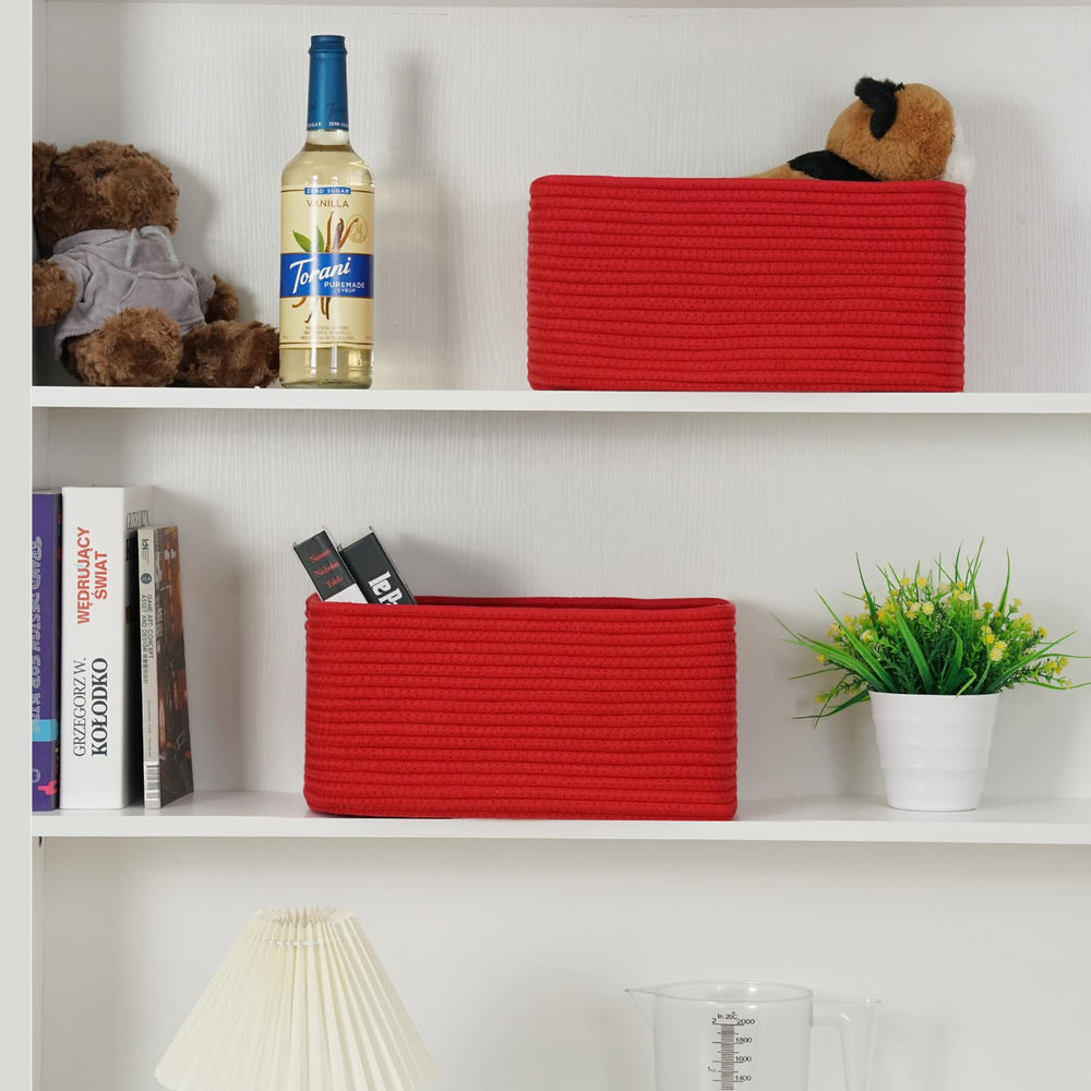 Maxuni dimension 11.8 by 7.8 by 5.1 inch baskets neatly organized on a shelf.