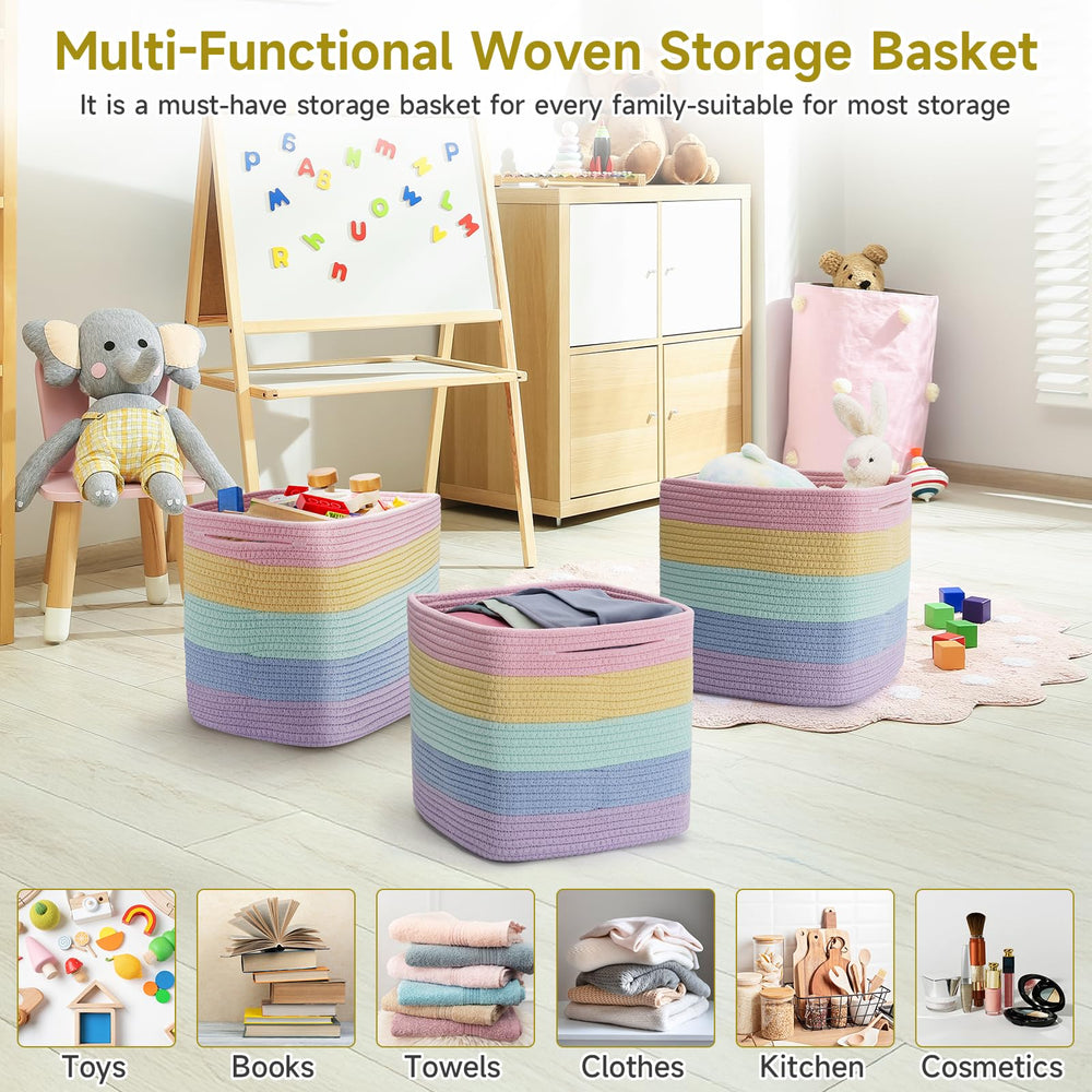 Maxuni rainbow baskets brighten shelves while organizing toys, books, and accessories