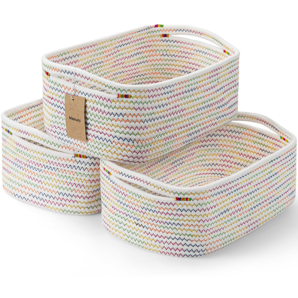 Maxuni rainbow shelf baskets front view for organized shelf storage.