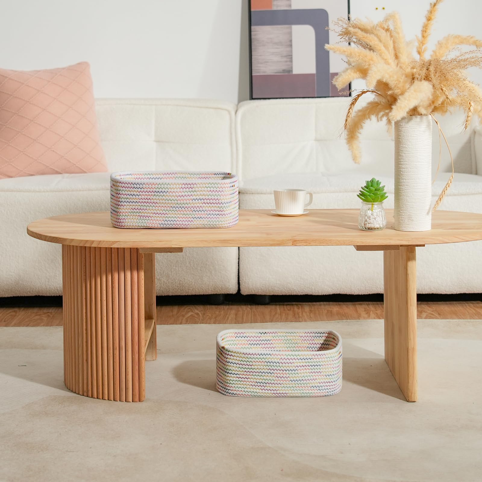 Maxuni rainbow shelf baskets stacked to save space.