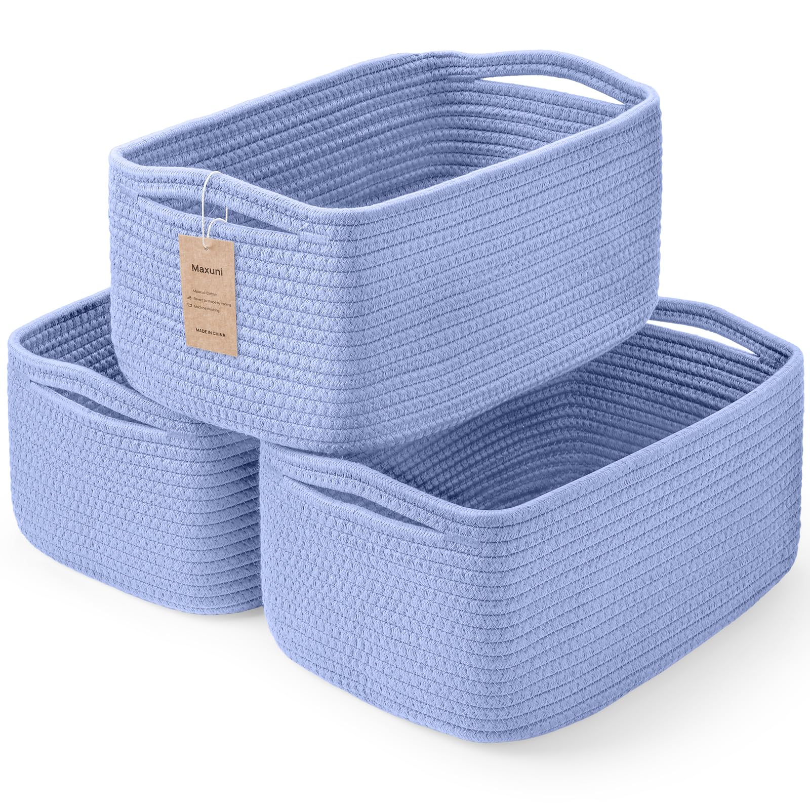 Maxuni sky blue three-pack storage baskets for organized shelves