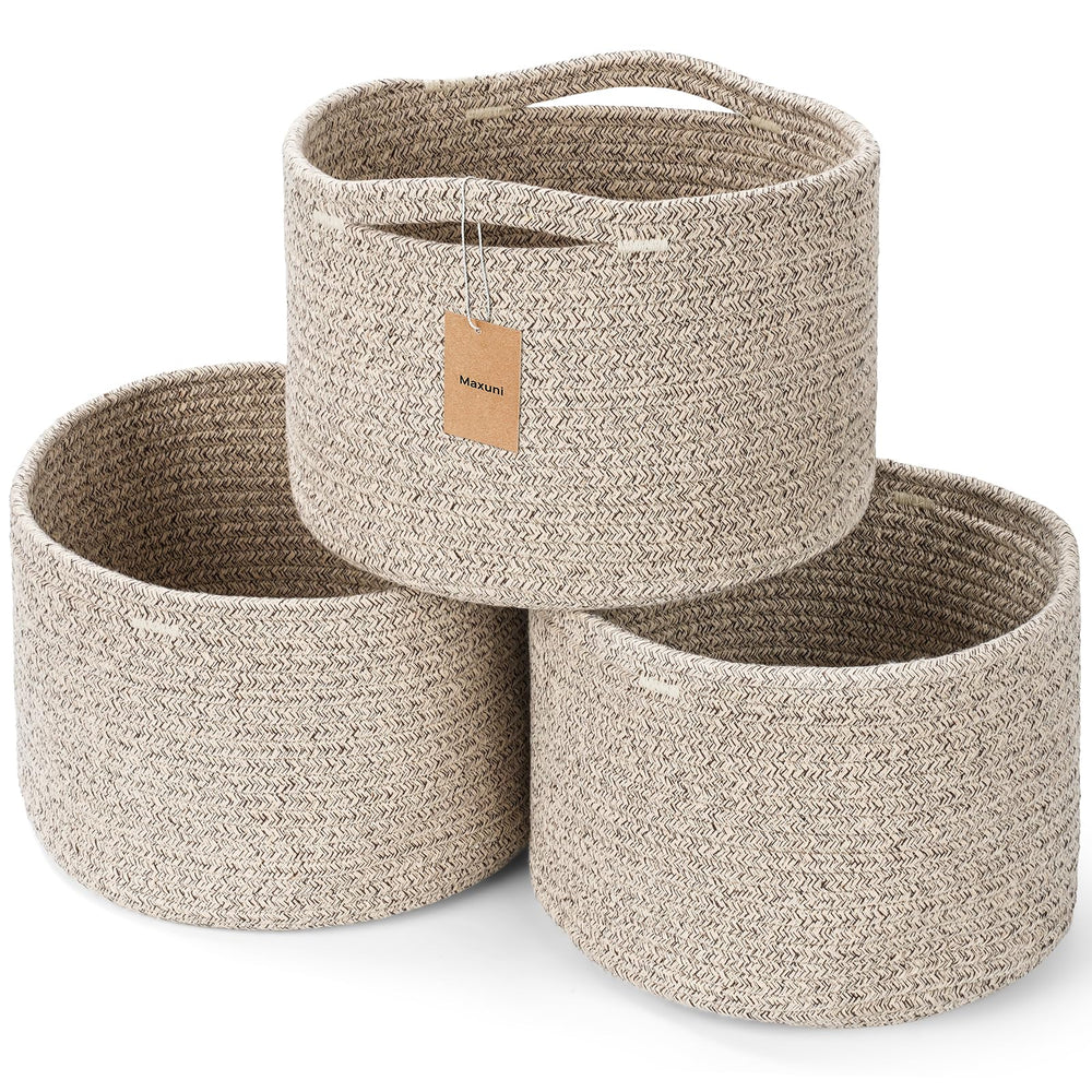 Maxuni small rope basket for shelf storage keeps items organized and accessible.