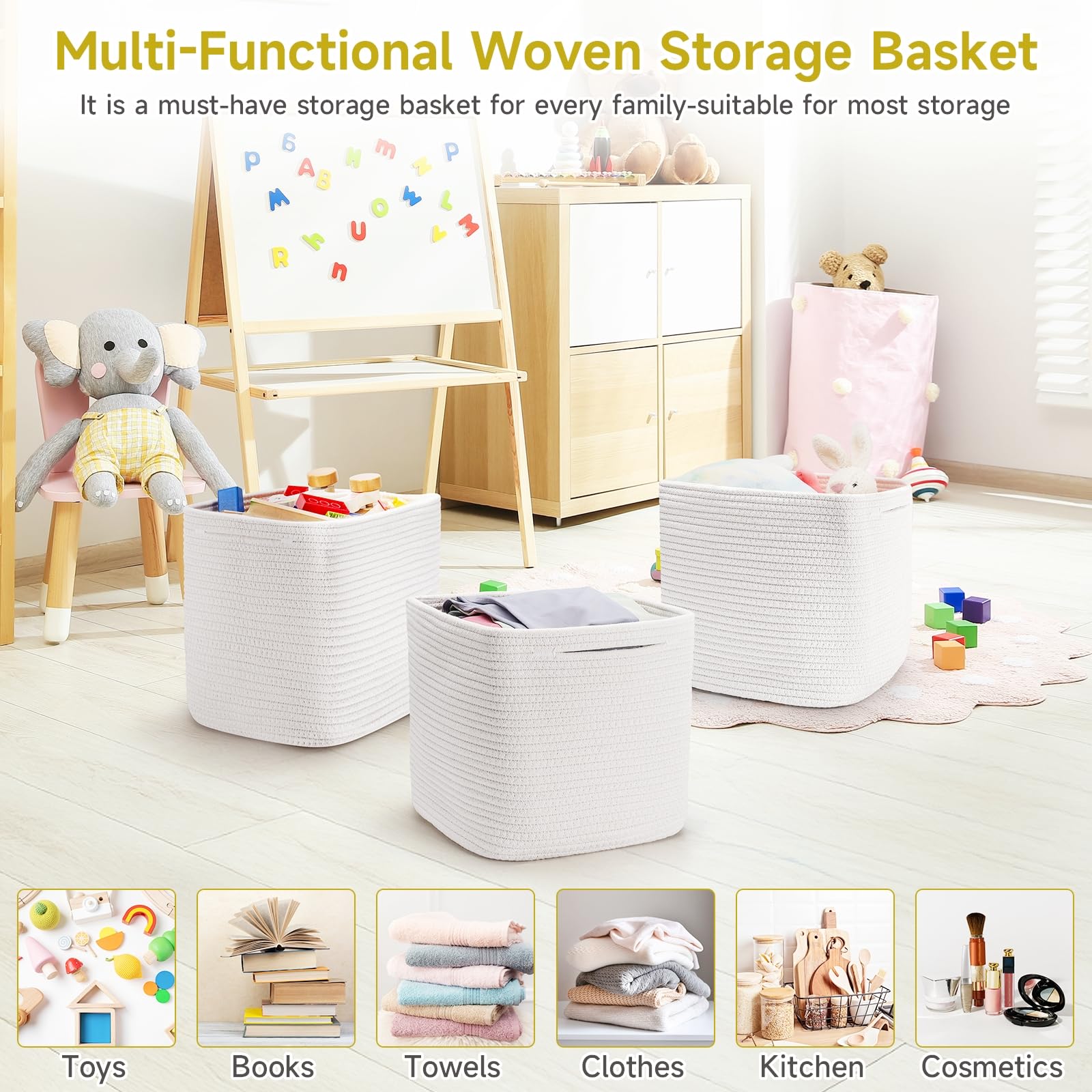 Maxuni basket filled with towels illustrates versatile bedroom or bathroom organization.
