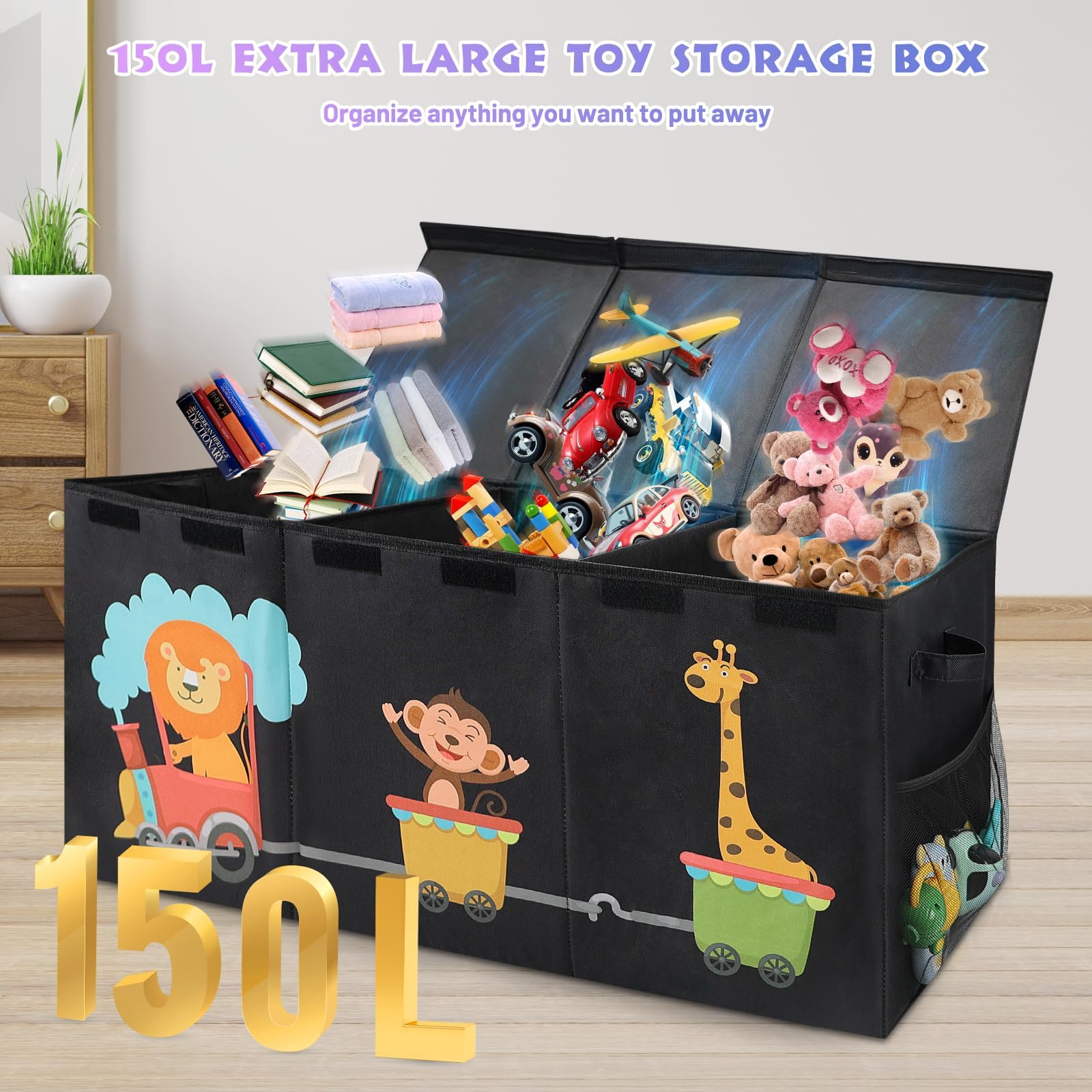 Maxuni XL Toy Box stores toys, books, clothes, and more.