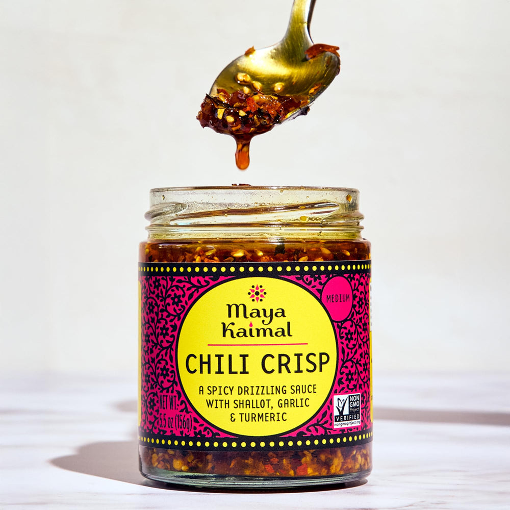 Maya Kaimal Chili Crisp on rice to enrich umami.