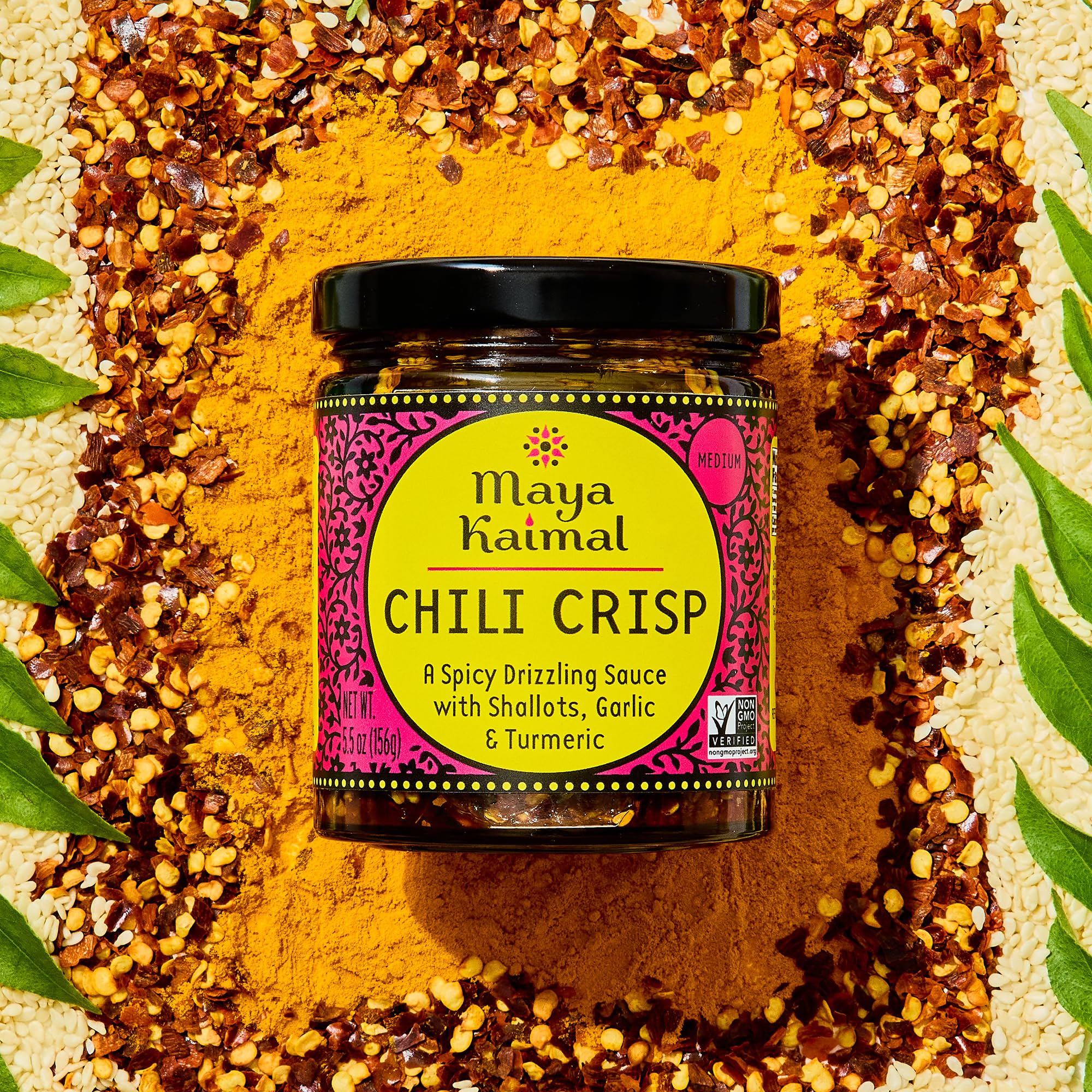 Maya Kaimal Chili Crisp topping dumplings for extra zing.