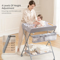 Maydolly adjustable-height diaper station for ergonomic use.