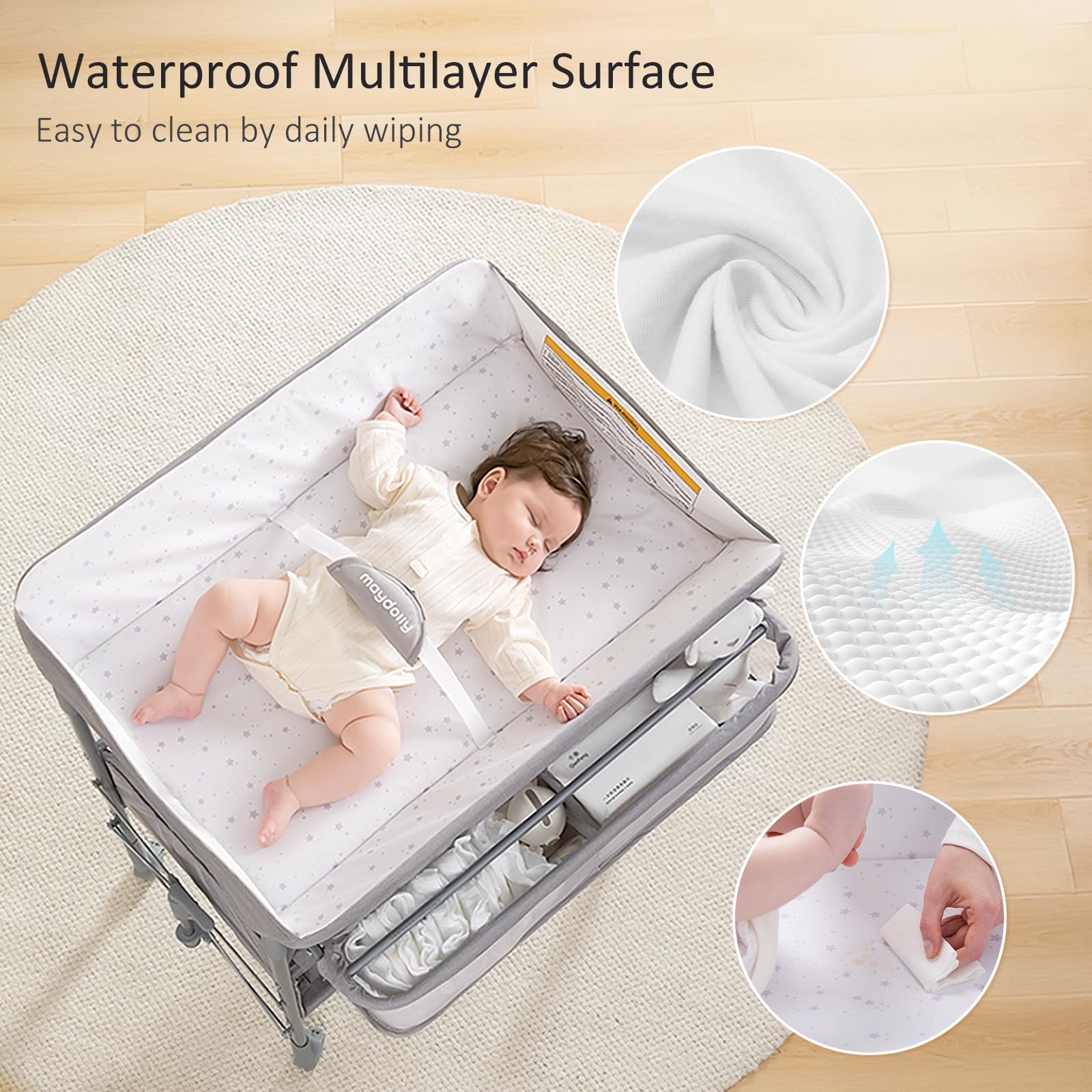 Maydolly baby changing table on silent 360-degree casters with brakes for smooth movement.