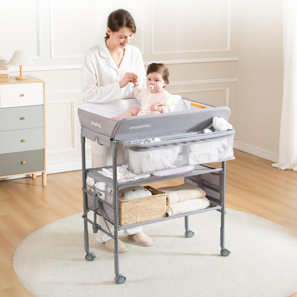 Maydolly baby changing table with adjustable height for all caregivers.