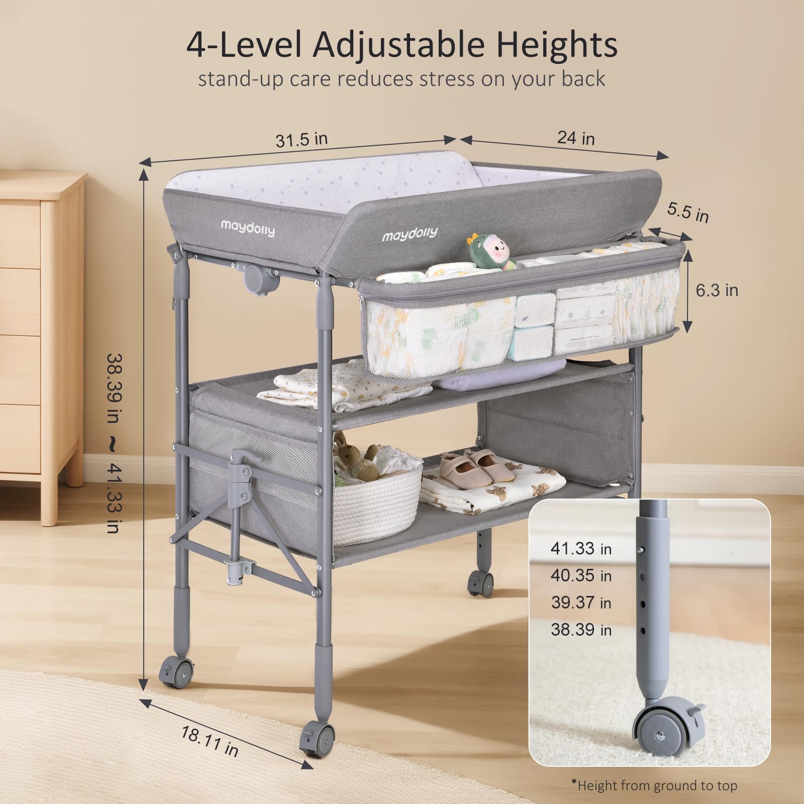Maydolly baby changing table used as a drying rack stand in a nursery.