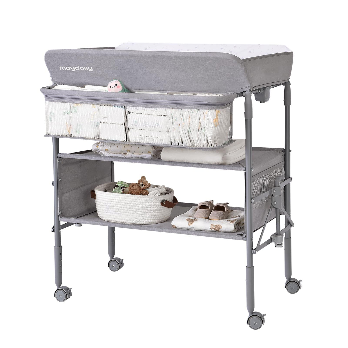 Maydolly baby changing table folded compactly for storage and travel.
