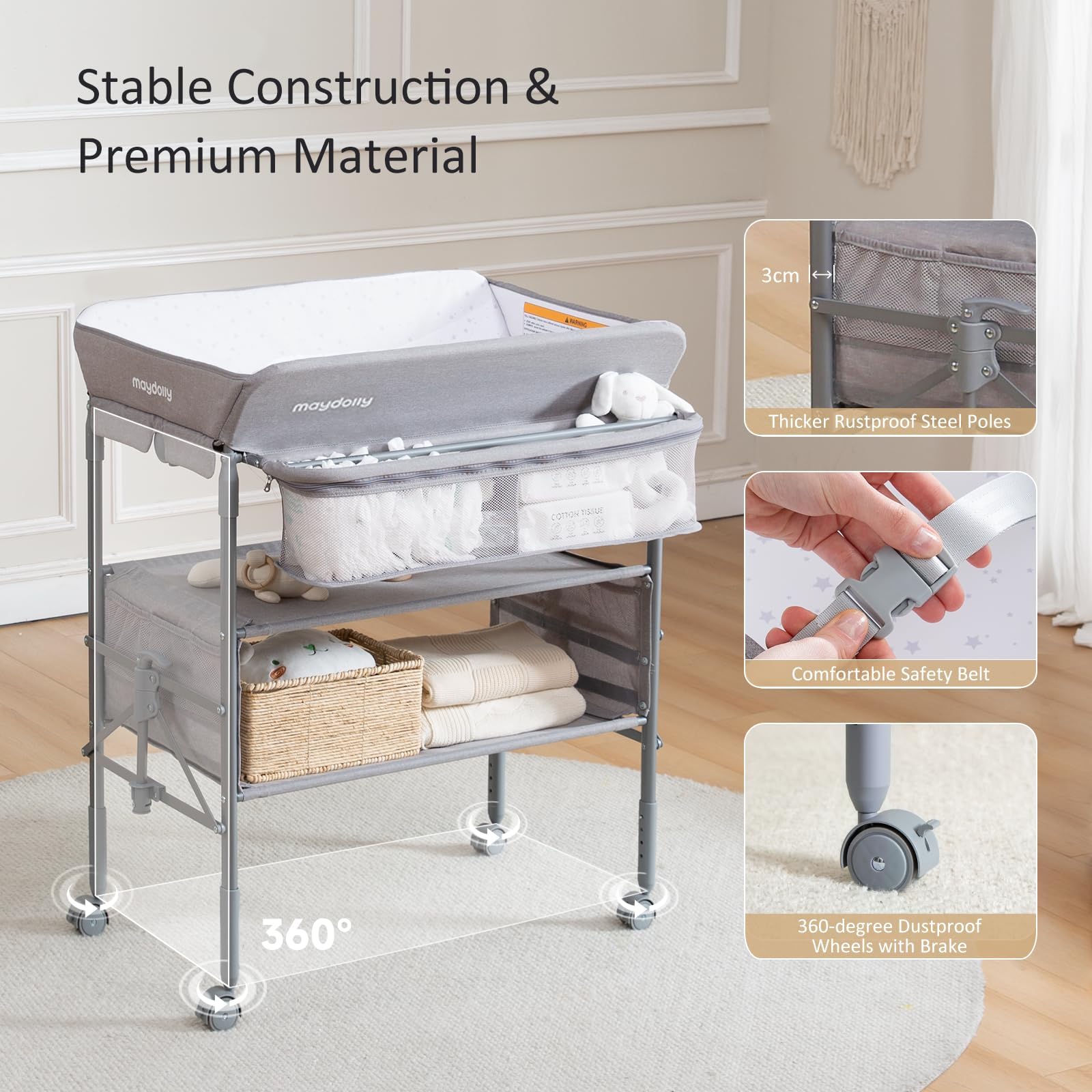 Maydolly baby changing table waterproof surface for quick wipe-downs.