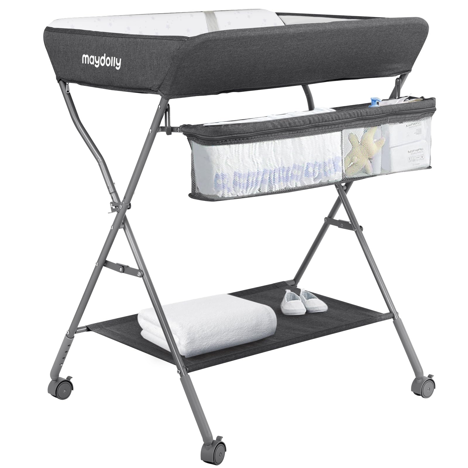 Maydolly baby changing table with wheels for easy mobility during diaper changes.