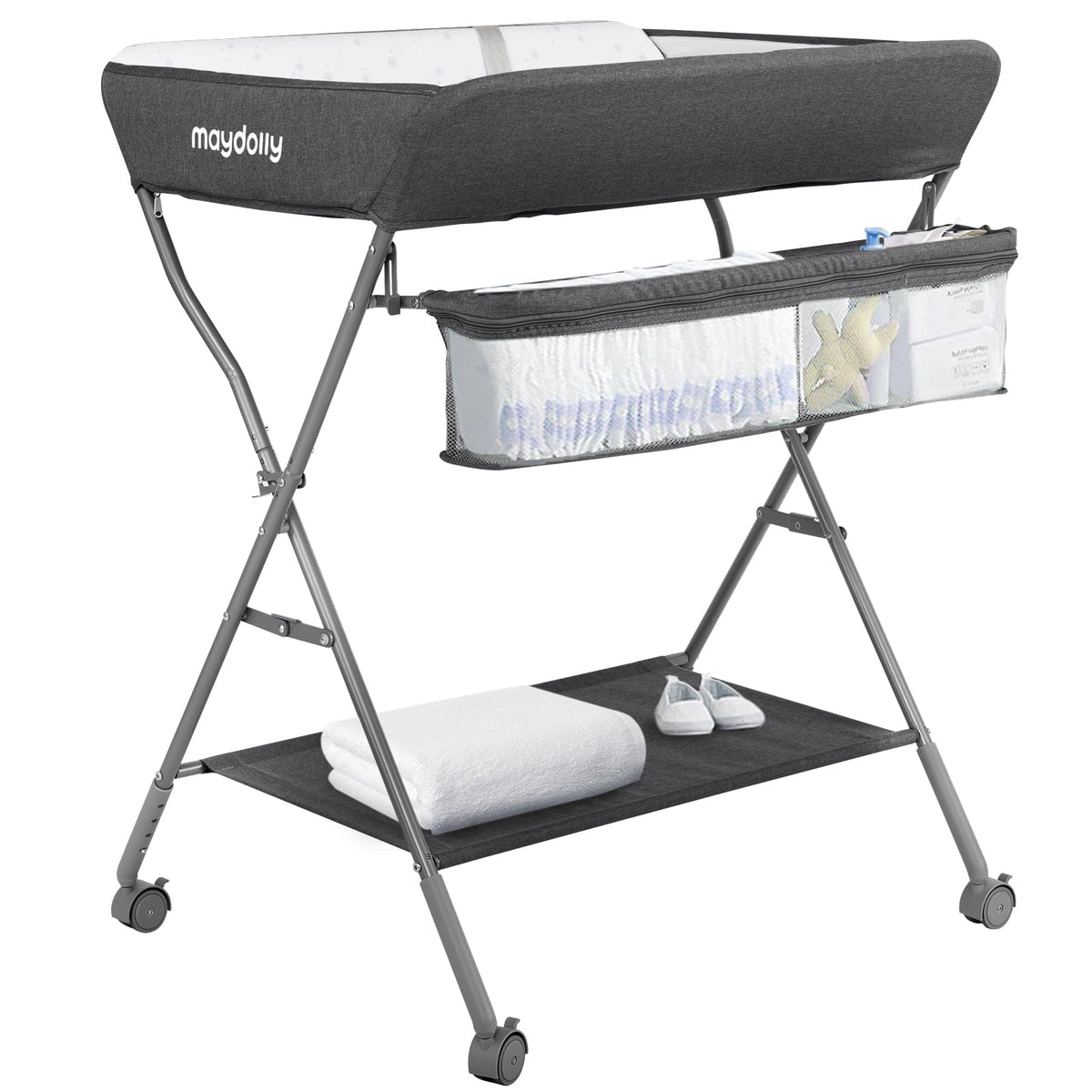 Maydolly baby changing table with wheels for easy mobility during diaper changes.